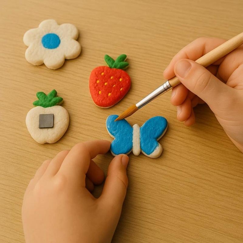 Bunte kleine Salzteig-Magnete mit Blumen und Herzen
