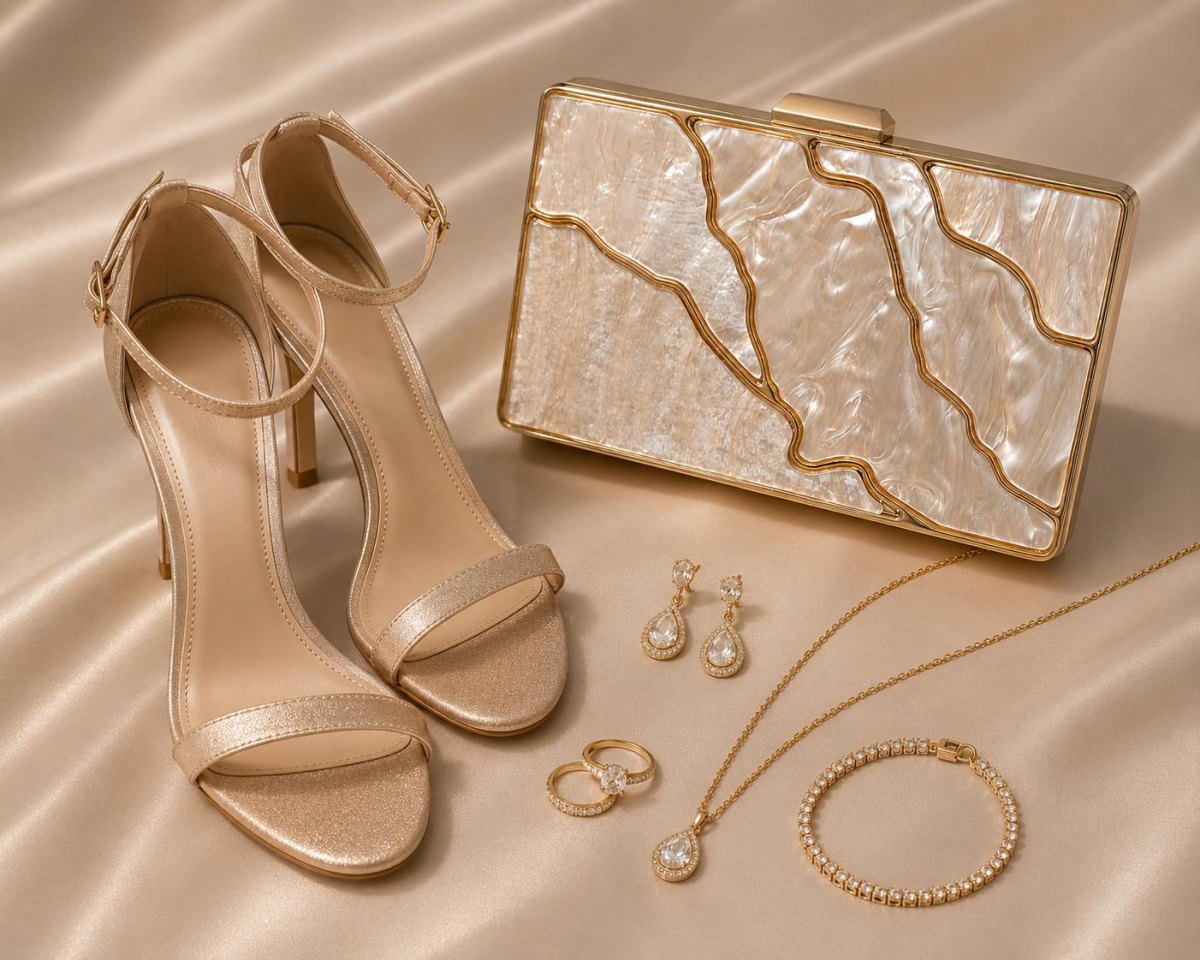 Elegante Clutch goldene Ohrringe und dezenter Schmuck für die Hochzeit