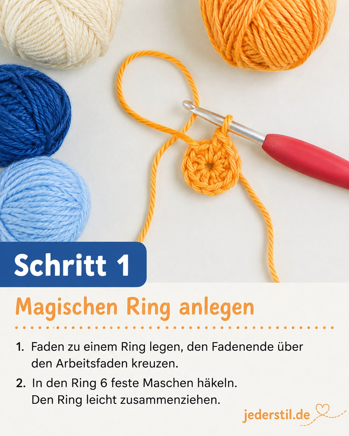 Oranger Magischer Ring mit roter Häkelnadel als erster Schritt der African Flower Granny Square Anleitung