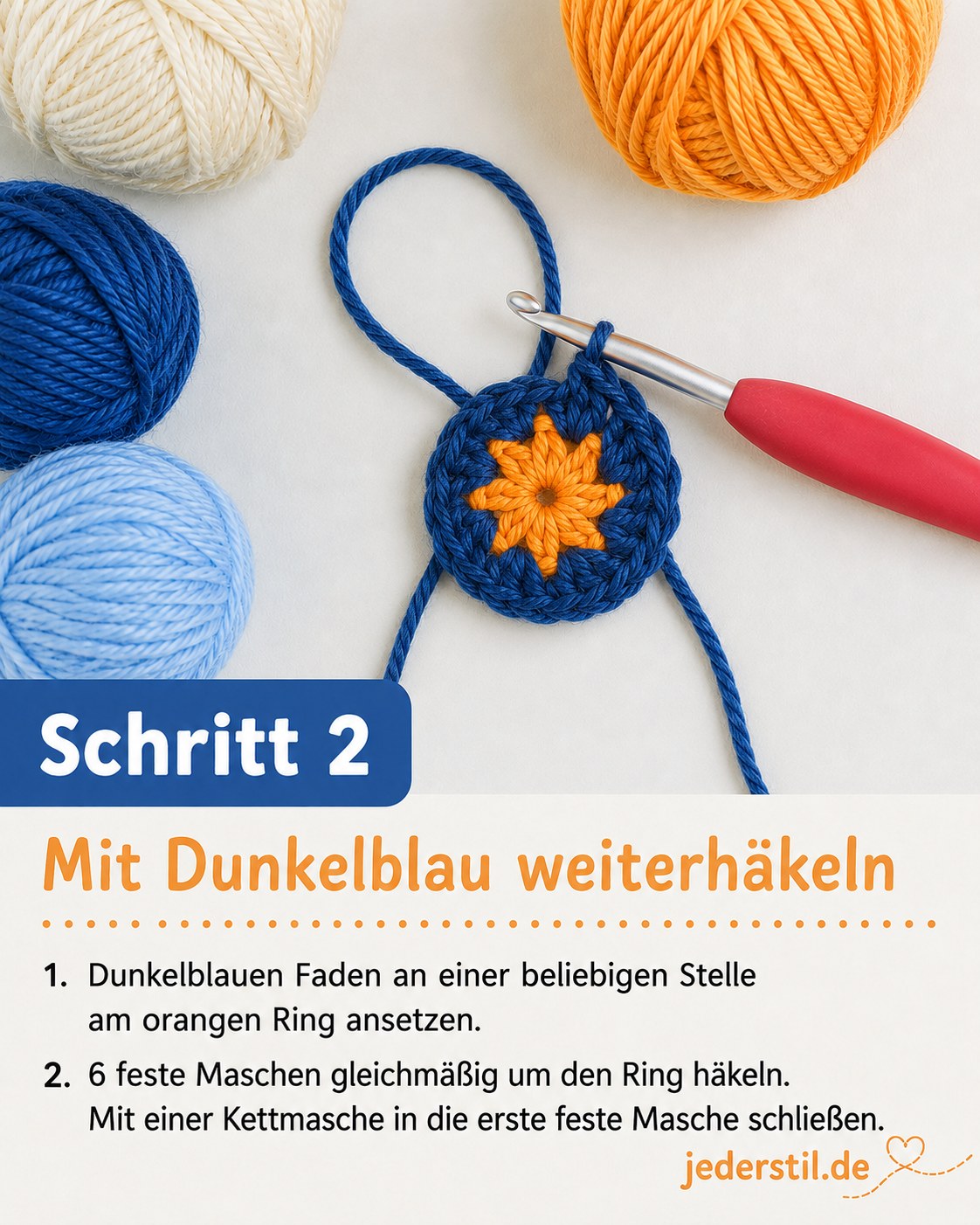 Dunkelblaue Runde um den orangen Ring gehäkelt, Grundlage für das African Flower Granny Square Muster