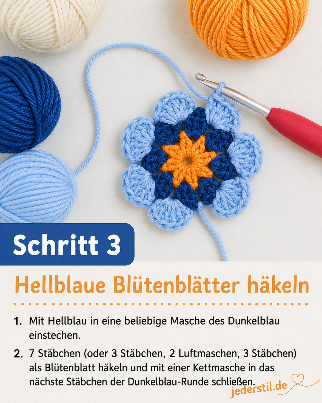 Hellblaue Blütenblätter wachsen aus der Dunkelblau-Runde bei diesem African-Flower-Häkelmuster heraus