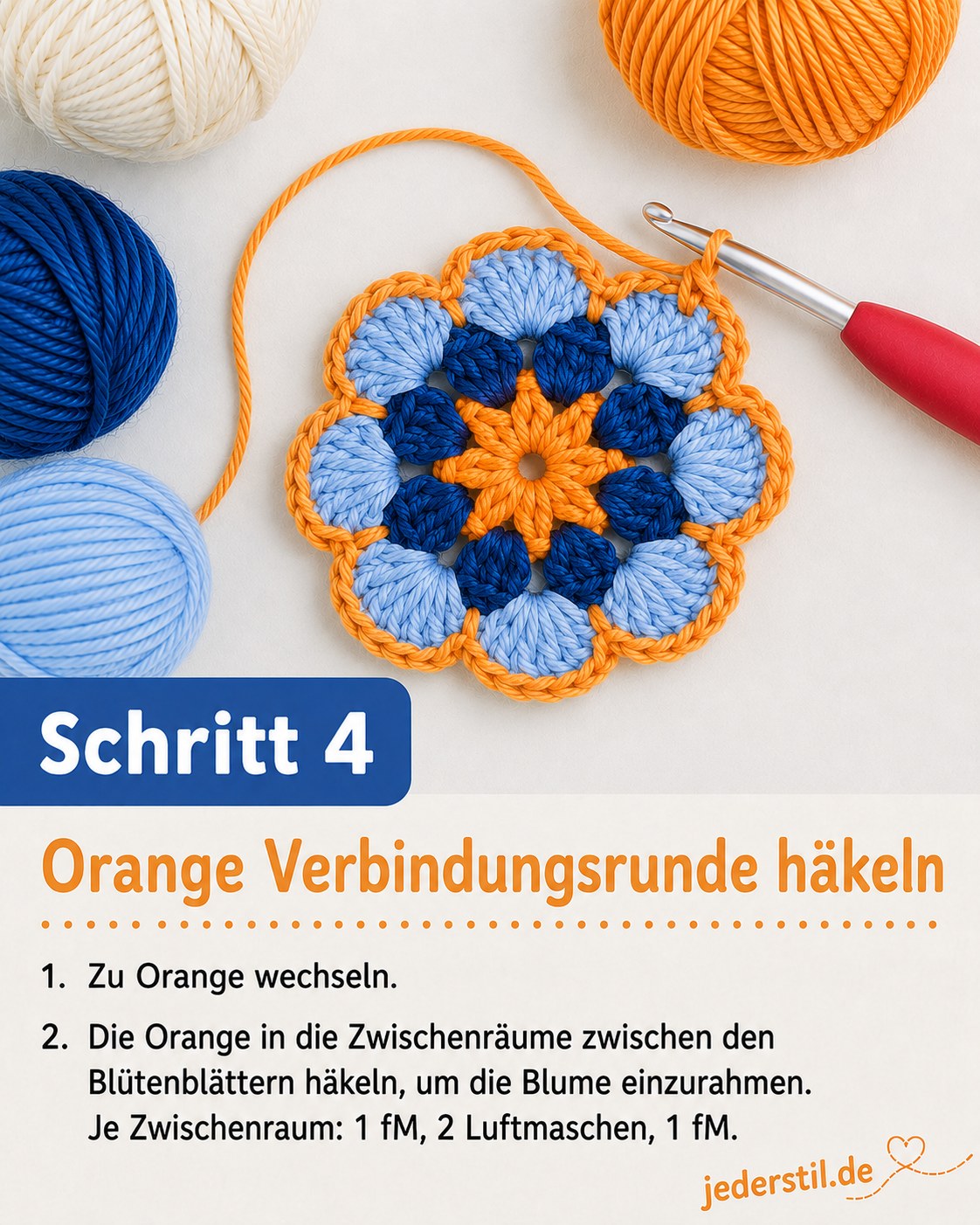 Orange Verbindungsrunde rahmt die fertige Blüte im African Flower Granny Square sichtbar ein