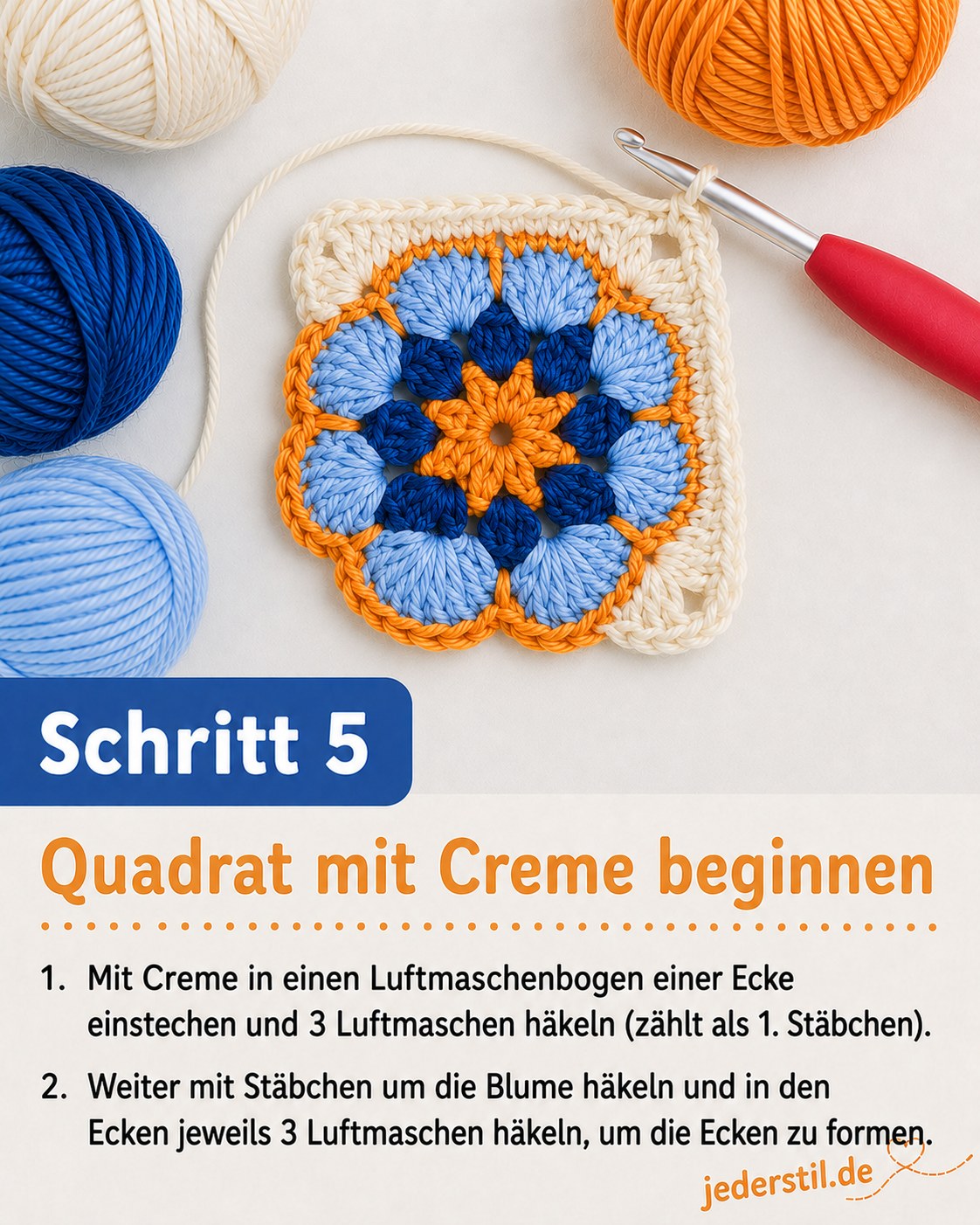Creme-Wolle beginnt das Quadrat um die bunte Blüte, erste Ecken der Granny Square Anleitung entstehen