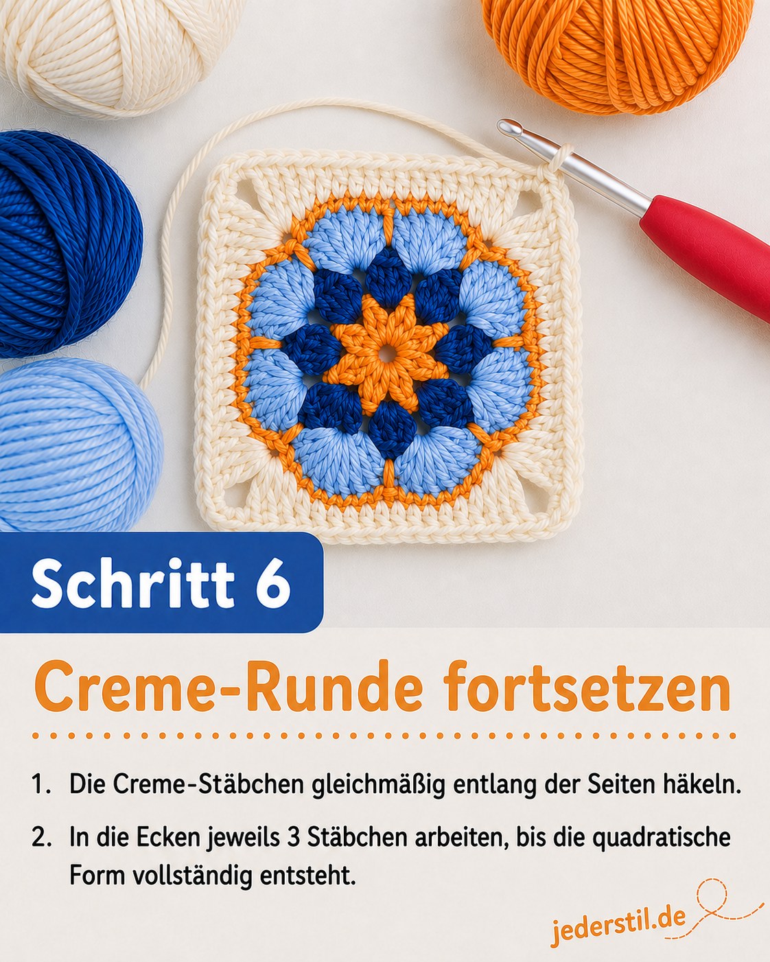 Creme-Stäbchen bilden gleichmäßige Seiten und Ecken des quadratischen African Flower Granny Square