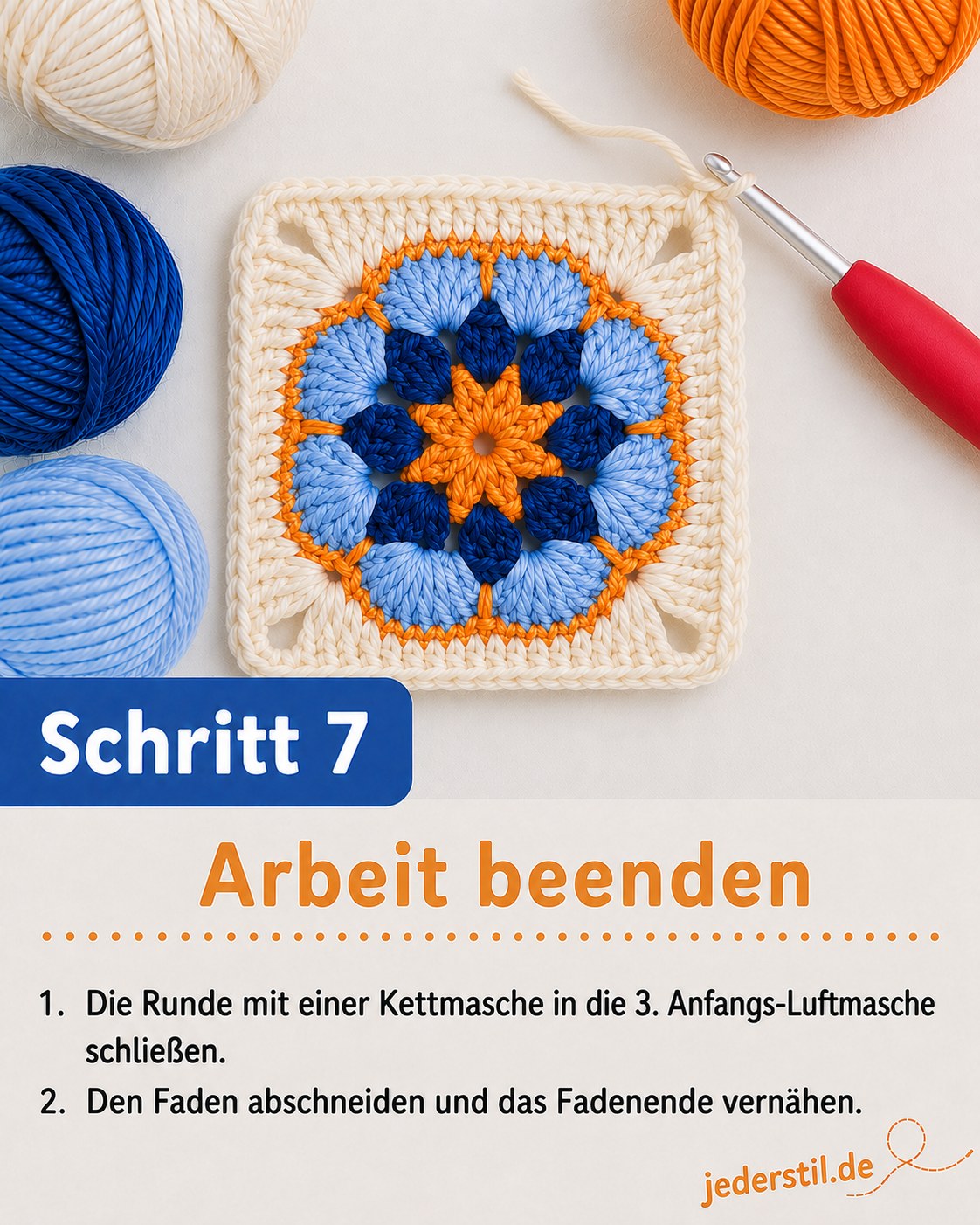 Fadenende wird nach der letzten Runde sauber vernäht, fast fertiges African Flower Granny Square