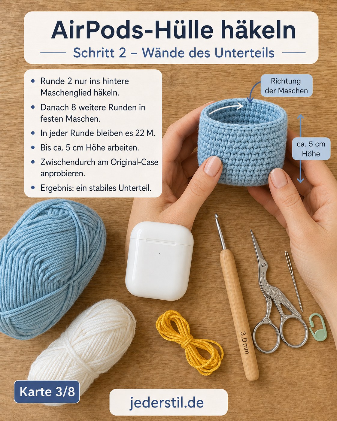 Wände der AirPods-Hülle häkeln mit Blümchen wachsen in festen Maschen bis fünf Zentimeter Höhe