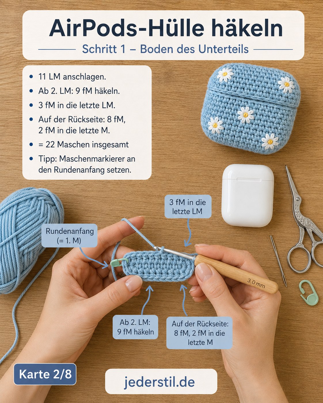 Erste Runden beim AirPods-Hülle häkeln mit Blümchen: Boden entsteht aus 22 festen Maschen