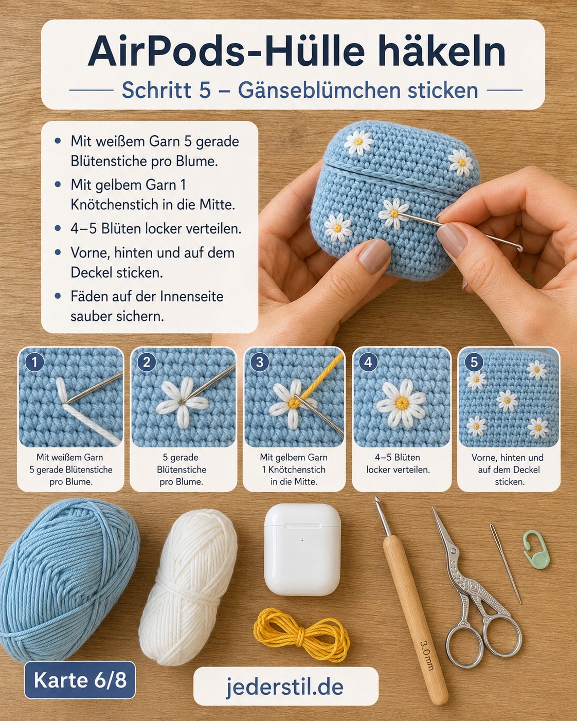 Weiße und gelbe Gänseblümchen werden beim AirPods-Hülle häkeln mit Blümchen aufgestickt