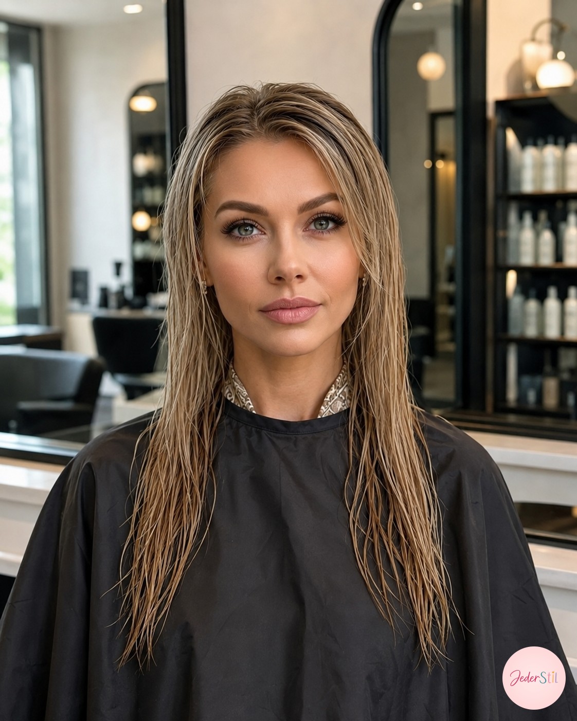 Langes, natürlich blondes Ausgangshaar vor dem Bixie Haircut mit blonden Strähnen im Salon