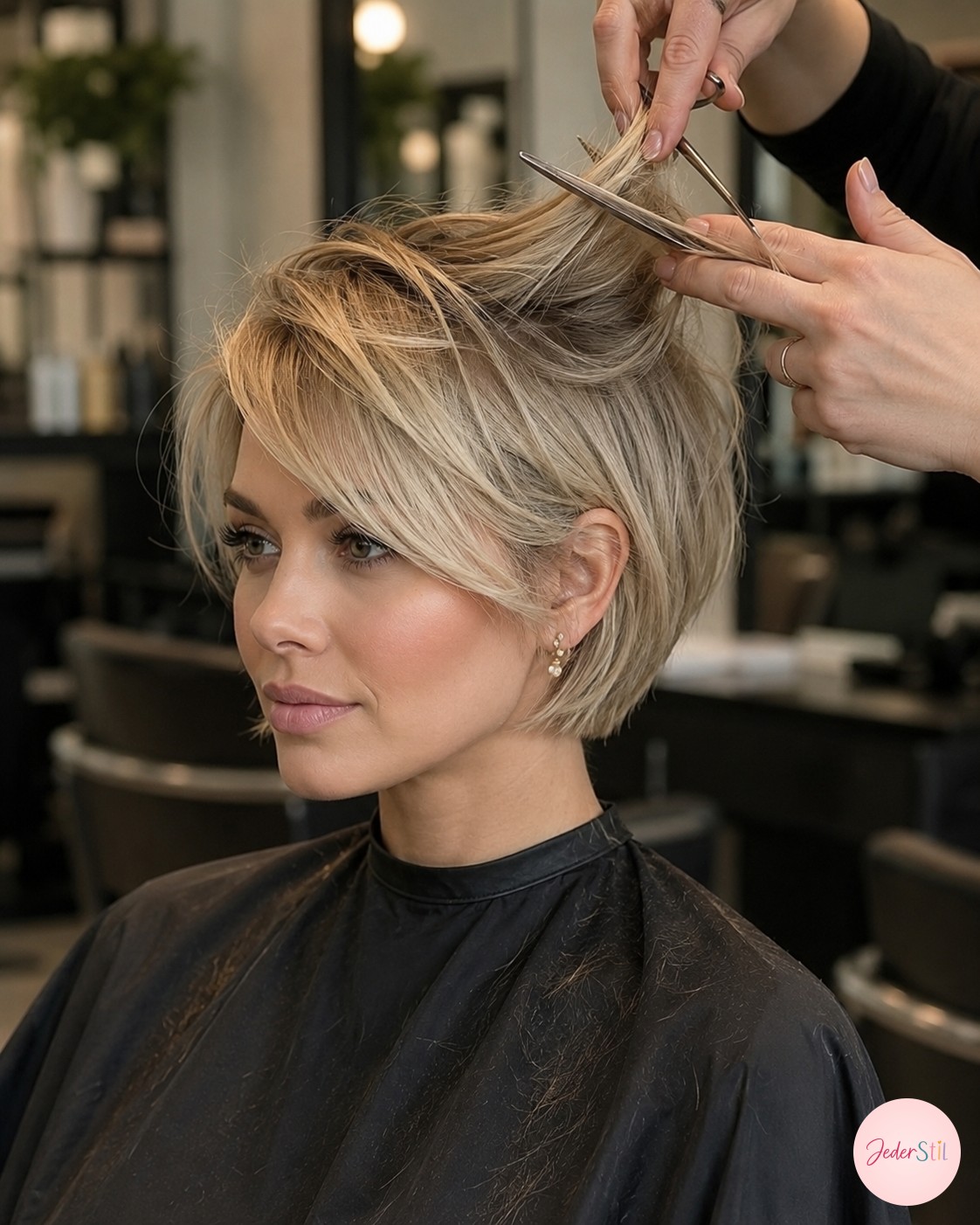 Texturschere schneidet kurze Schichten in die Krone für den Übergang zum Bixie Haircut