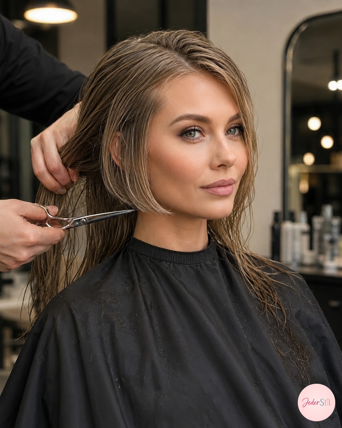 Erste Schere setzt die Bob-Kontur für den späteren Bixie Haircut mit blonden Strähnen an