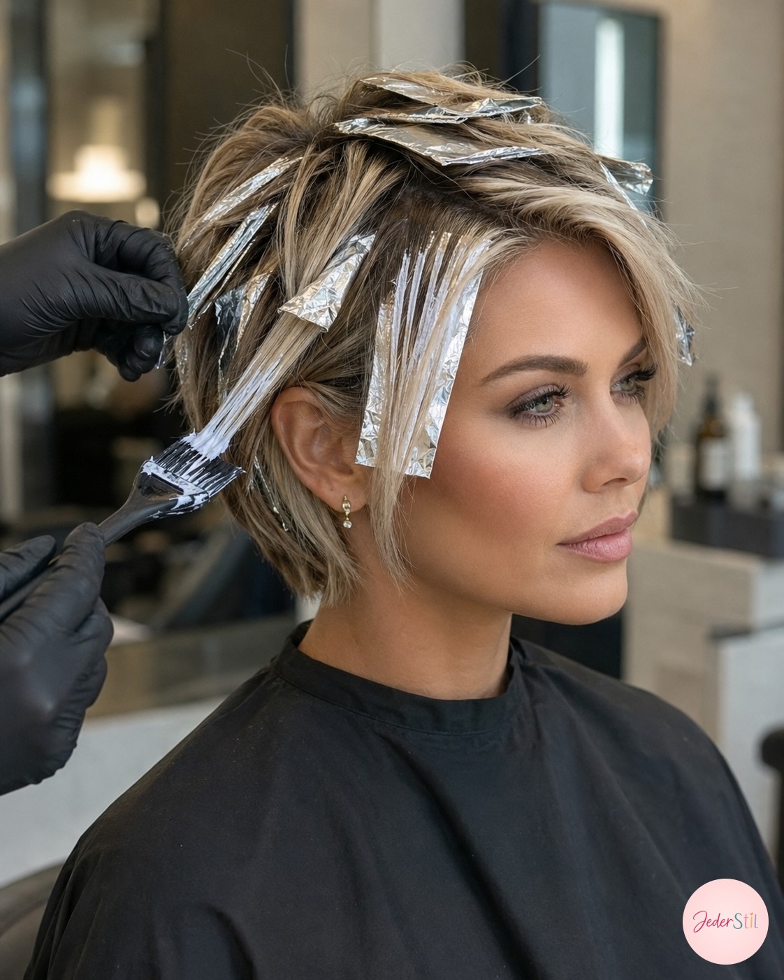 Foliensträhnen und Money-Piece werden für den Bixie Haircut mit blonden Strähnen aufgetragen