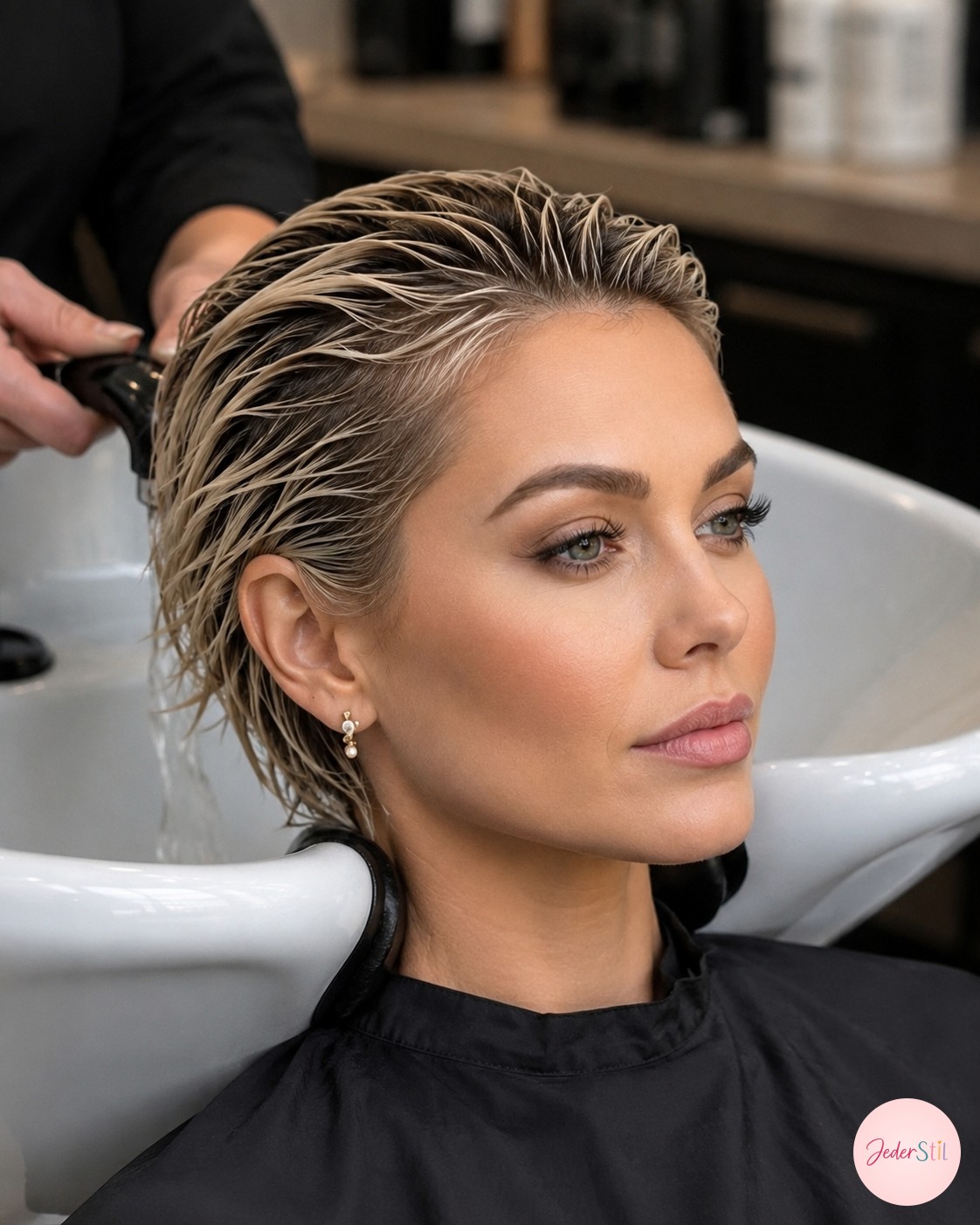 Frisch getonte champagnerblonde Strähnen werden am Waschbecken nach dem Bixie Haircut ausgespült