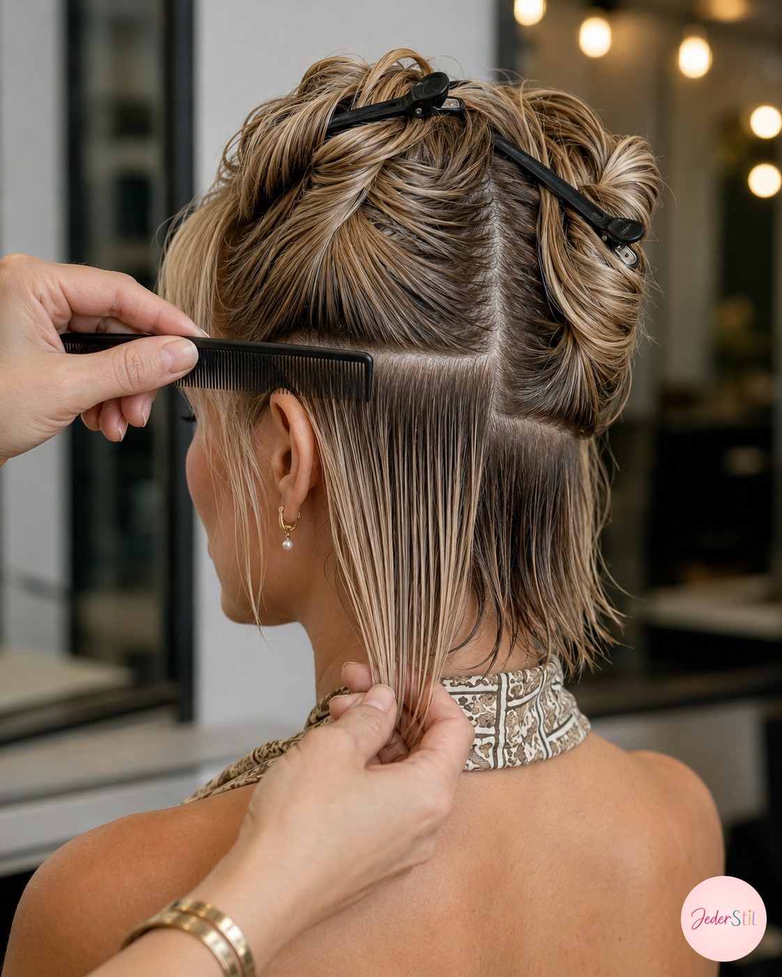 Stylistin sektioniert feuchtes Haar mit Kamm und Clips als Vorbereitung für den Bixie Haircut