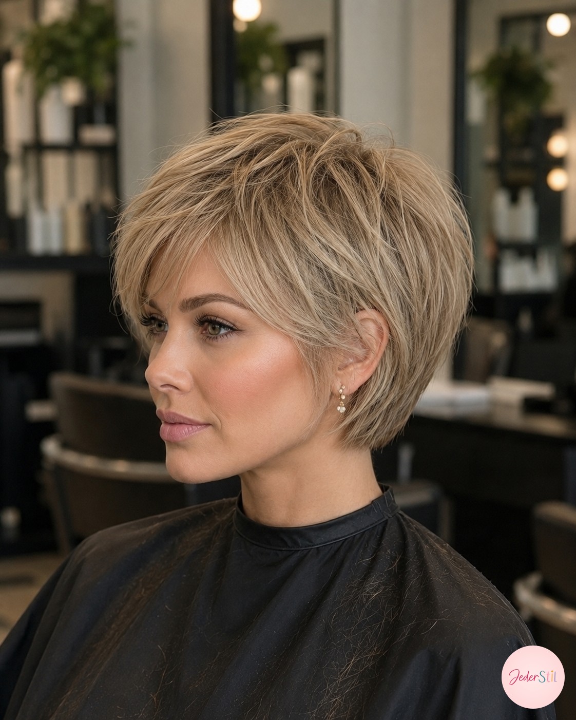 Fertige Bixie-Silhouette in einheitlichem Blond vor dem Ansetzen der blonden Strähnen