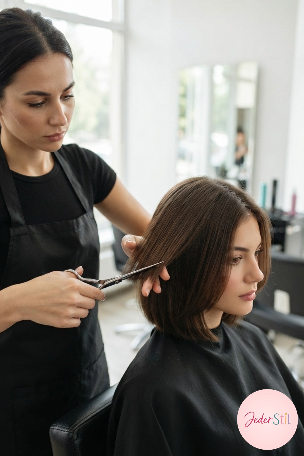 Friseurin beim präzisen Schneiden eines mittellangen Bobs im Salon.