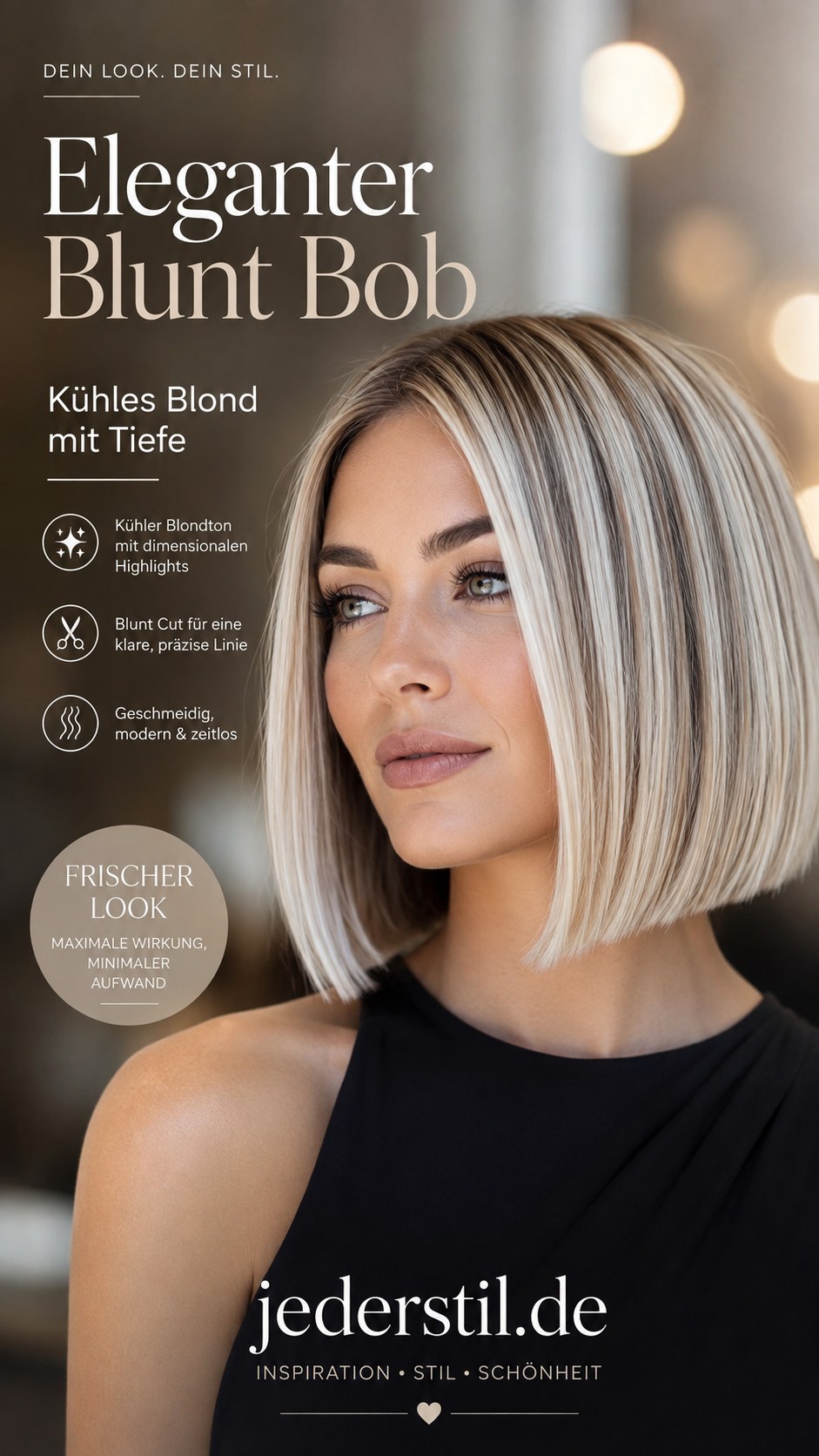 Eleganter Blunt Bob in kühlem Blond zeigt eine klare Bob Frisur ab 50 mit präziser Linie