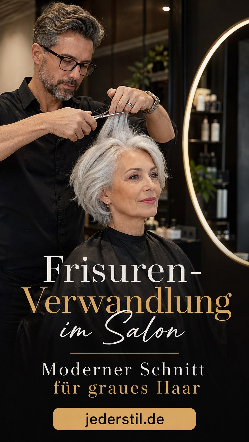 Friseur schneidet im Salon einen modernen Bob für graues Haar als Frisuren-Verwandlung ab 50