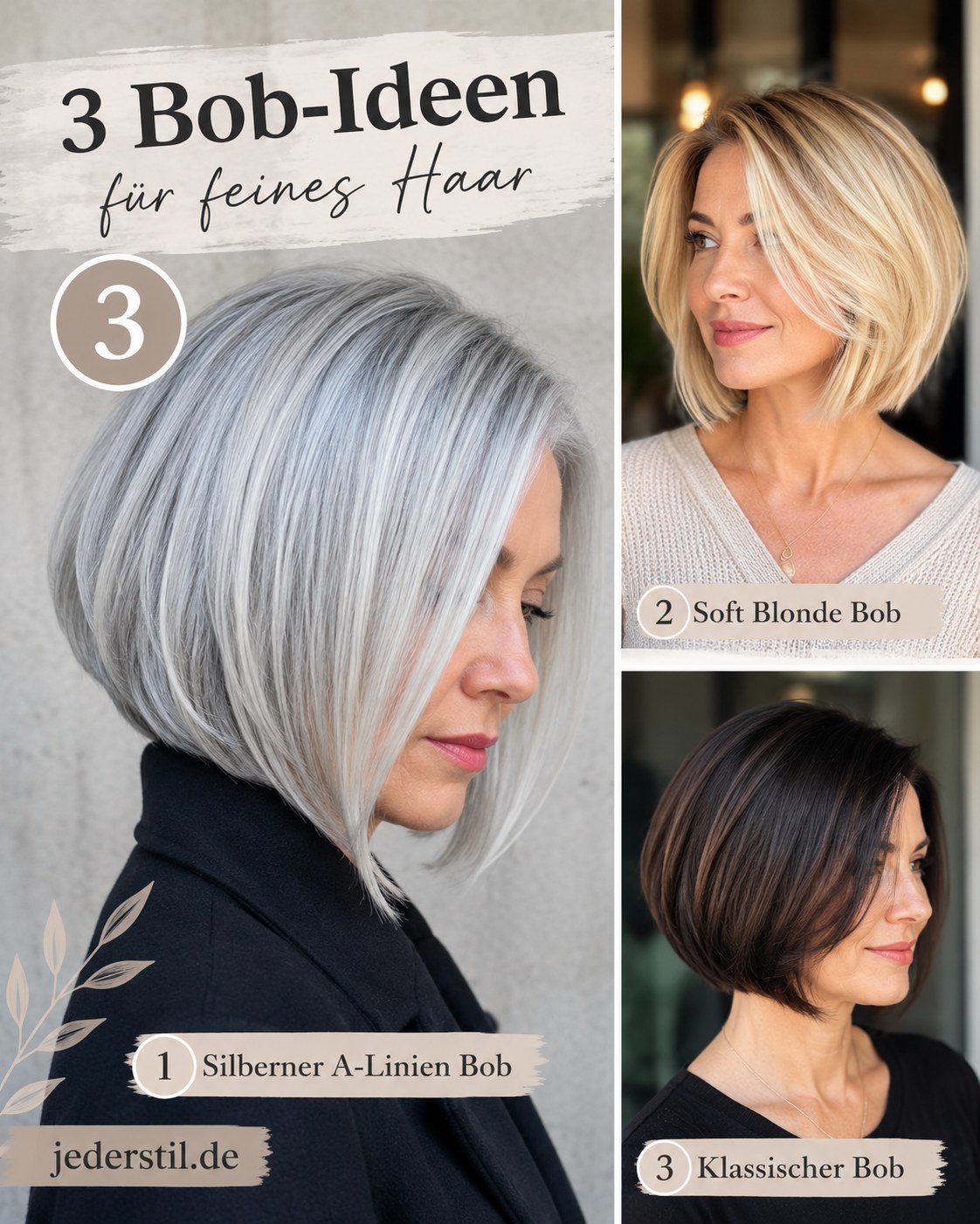 Drei Bob-Ideen für feines Haar zeigen A-Linien, blonden und klassischen Bob ab 50