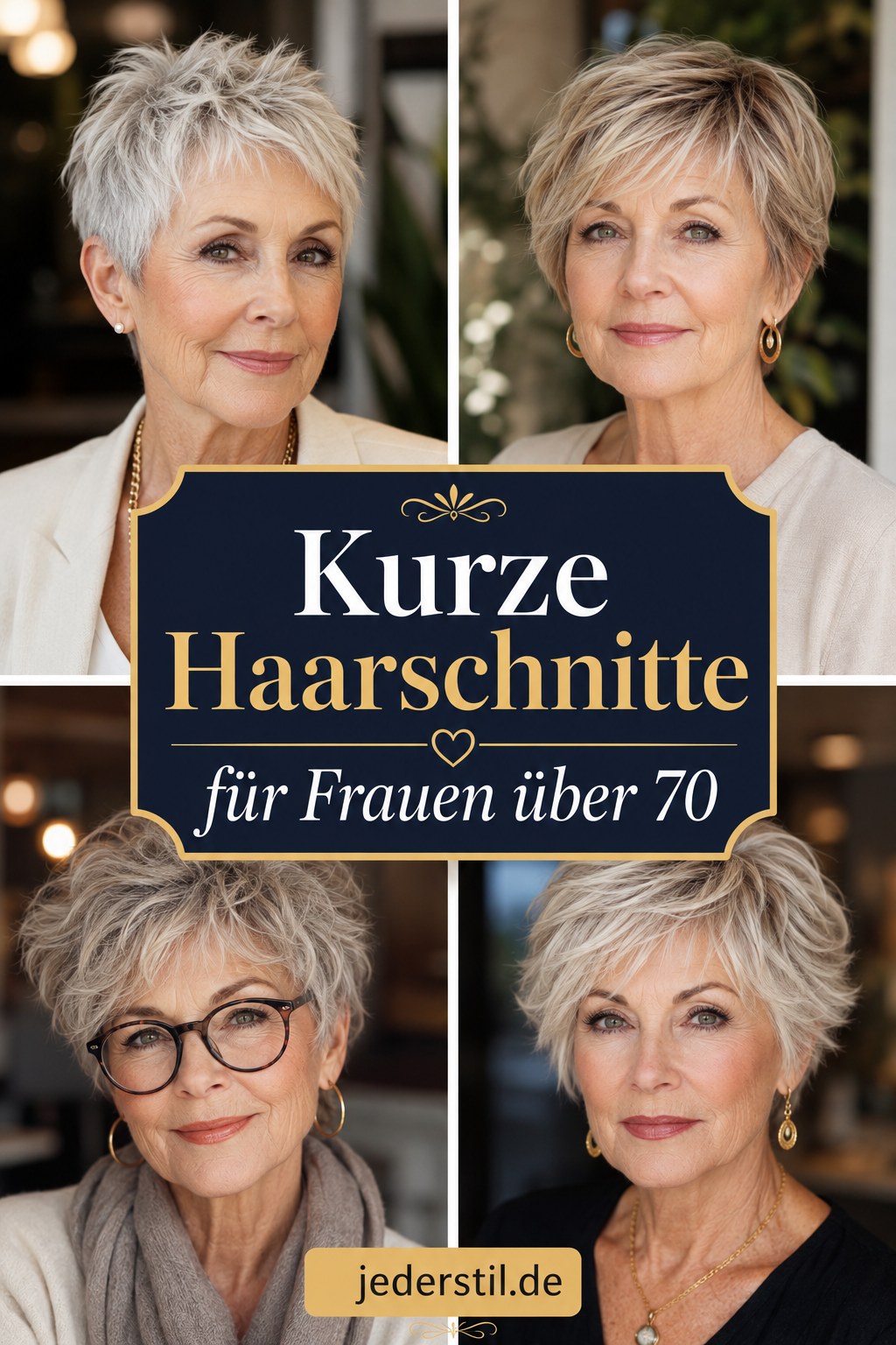 Vier kurze Haarschnitte für Frauen über 70 zeigen pixieartige Varianten der Bob Frisur ab 50