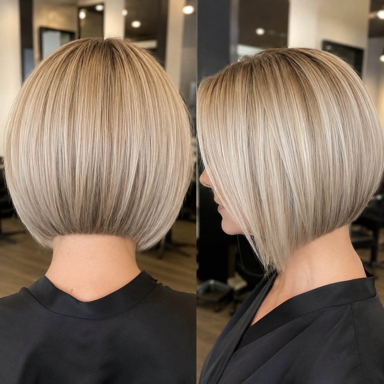 Präziser Stufenbob mit glattem Nacken beweist, dass Bob Frisuren gestuft ab 50 auch clean wirken können