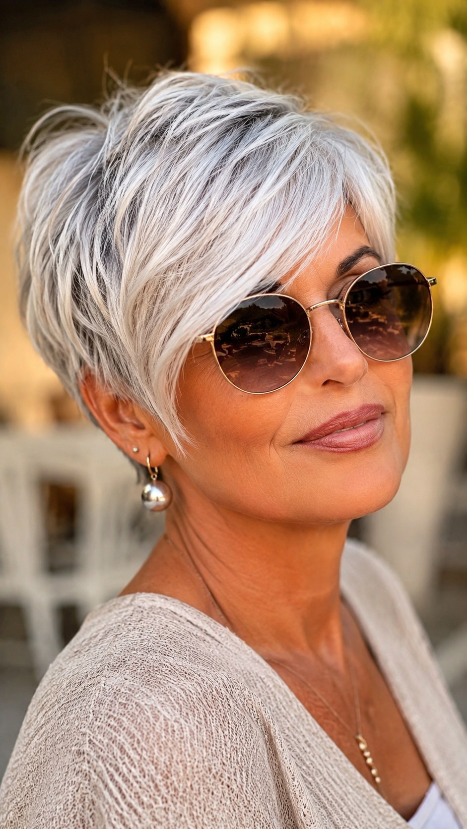 Langer Pixie-Bob mit Fransen und Silberblond als mutige Interpretation von Bob Frisuren gestuft ab 50