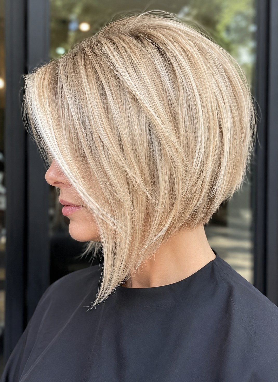 Fließender Long-Bob mit weichen Stufen im Profil, typisch für gestufte Bob Frisuren ab 50 mit Balayage