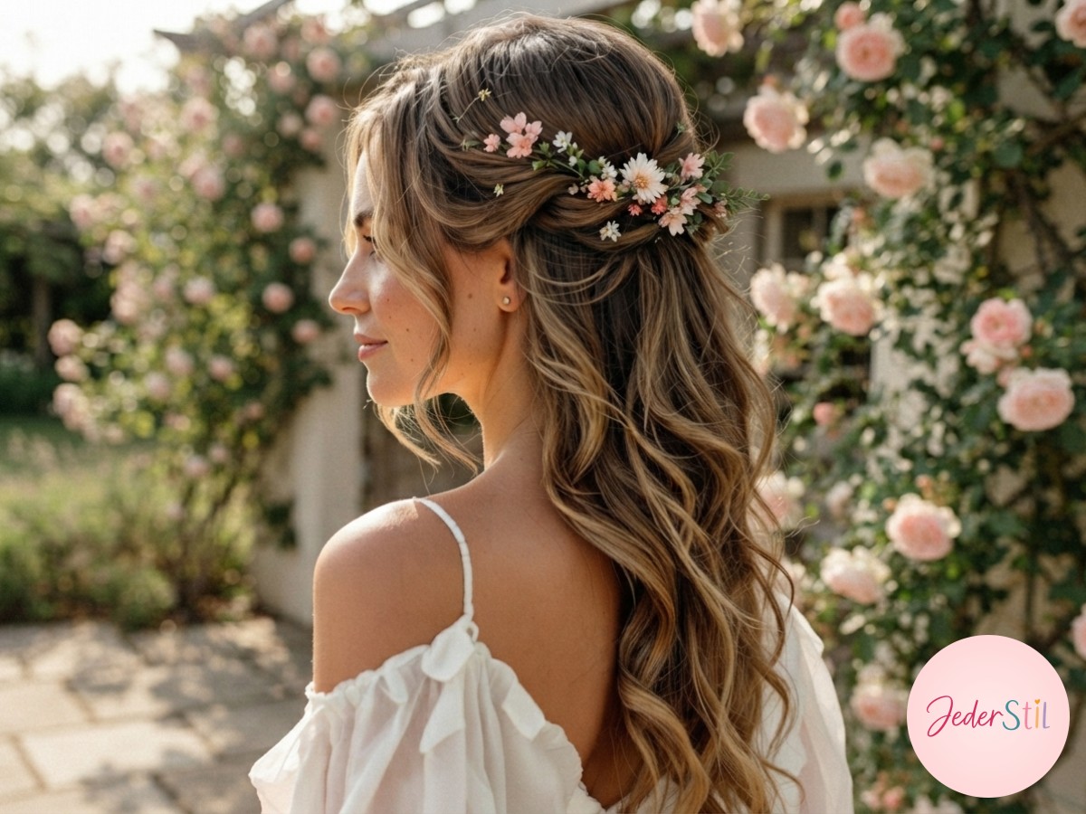 Halboffene Brautfrisur mit Fishtail-Braid und Perlennadel vor blühendem Rosengarten