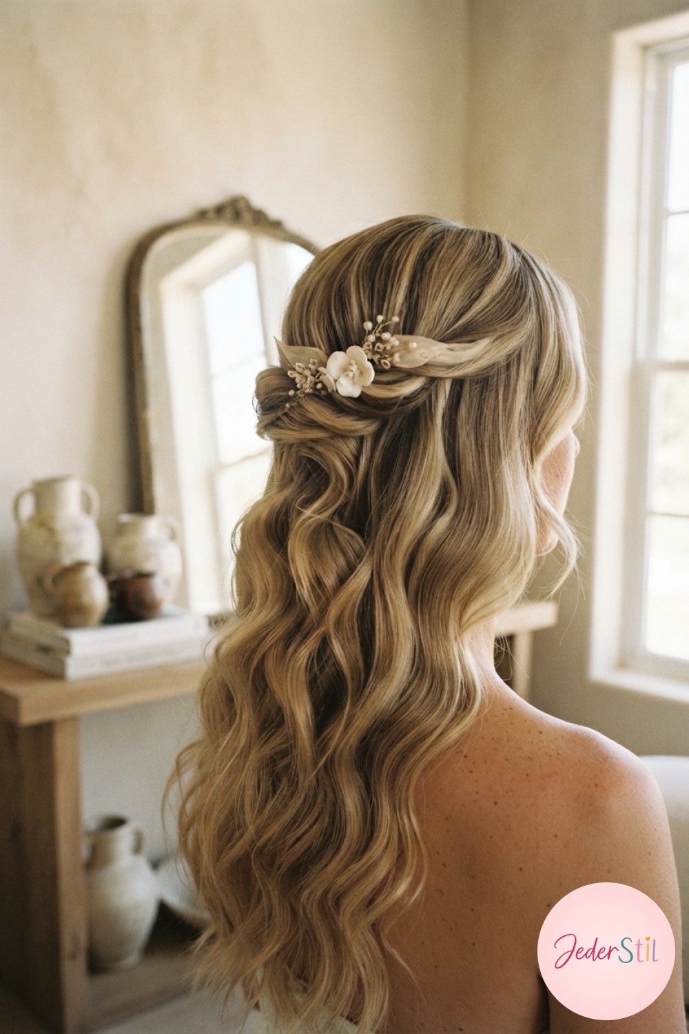 Halboffene Brautfrisur mit Vierstrang-Braid und Blattgold-Nadeln bei kupferrotem Haar