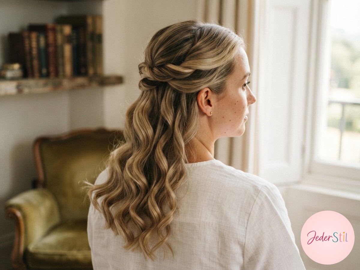 Halboffene Brautfrisur mit Braided Halo und funkelnden Kristallnadeln bei erdbeerblondem Haar
