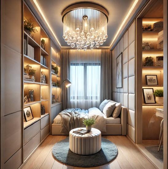 Kleines Schlafzimmer mit Regal