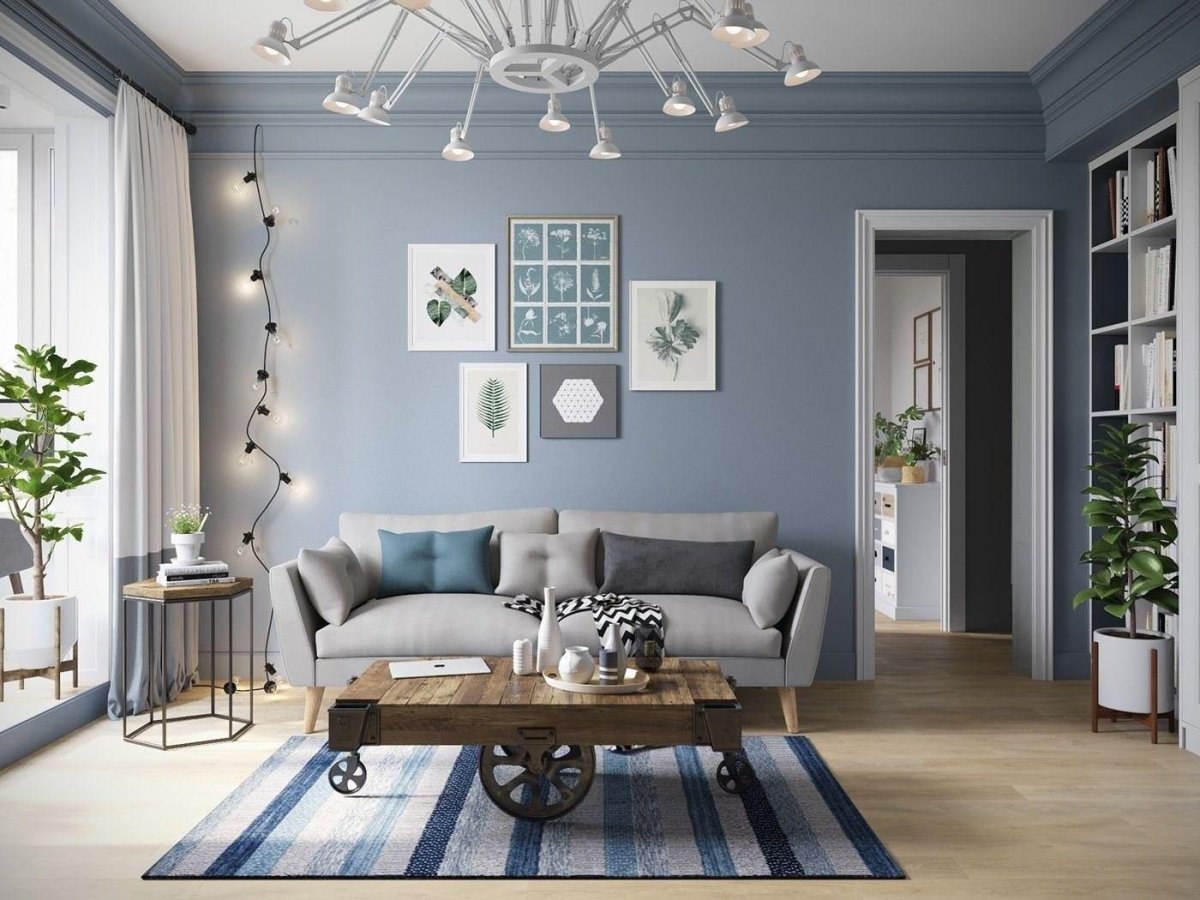 Grau blaue Wohnzimmer Wand