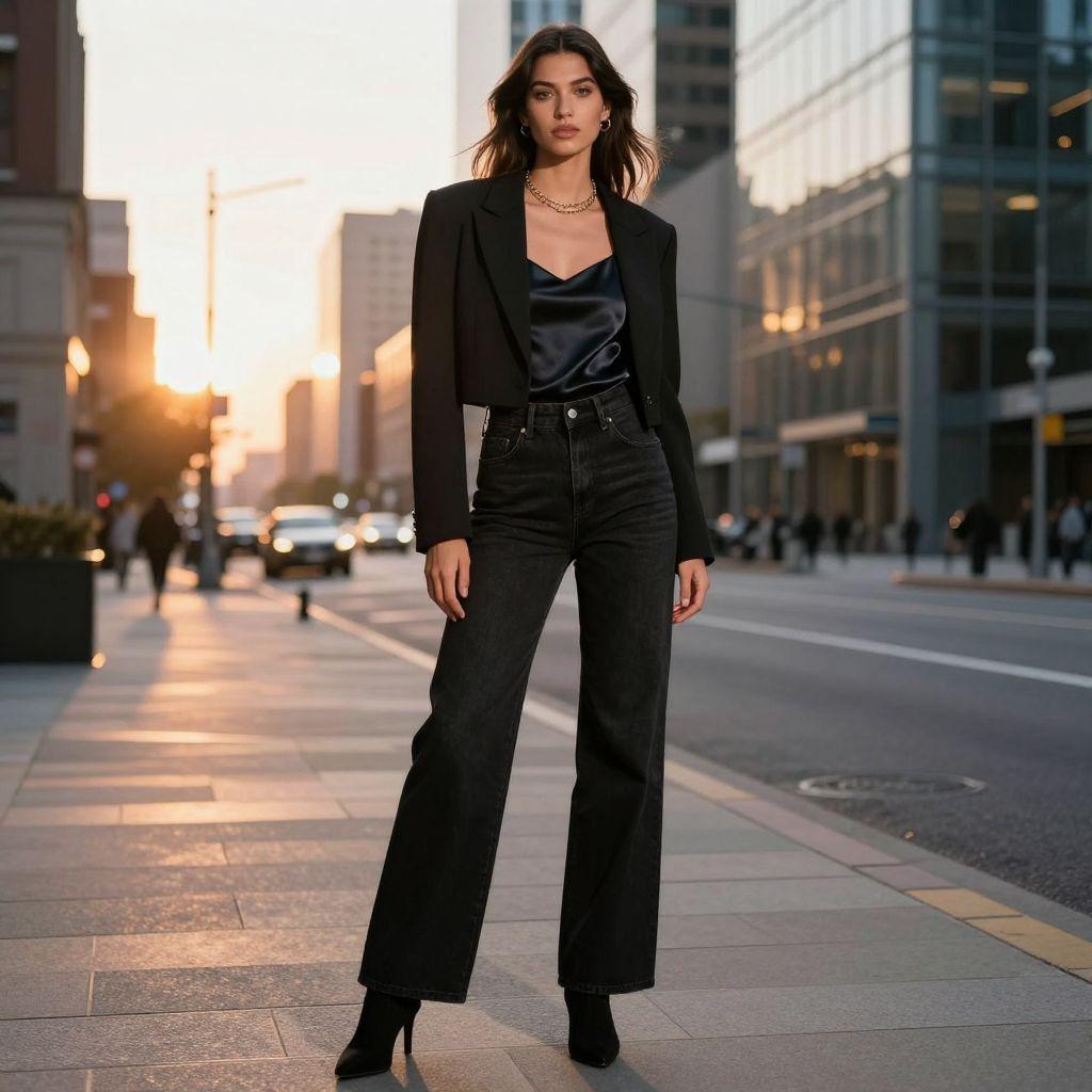 Elegantes Damen-Konzertoutfit mit schwarzem Blazer, Wide-Leg-Hose und Boots