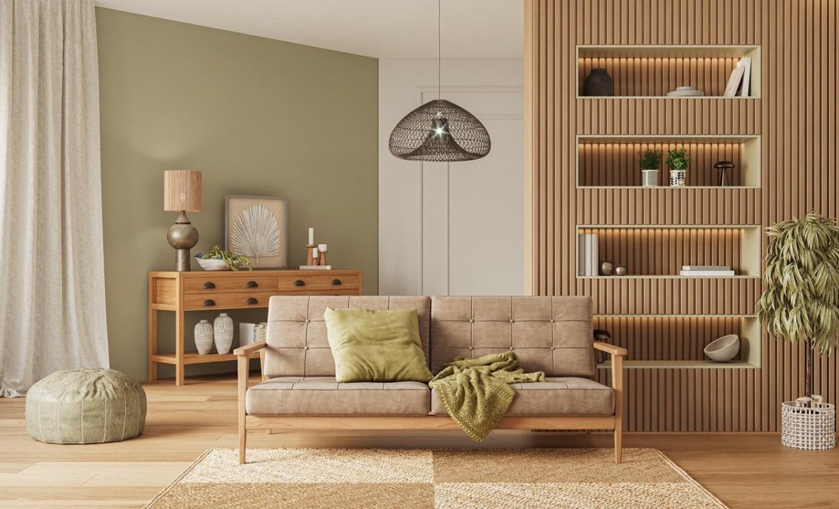 Wohnzimmer mit Holz und Wandfarbe