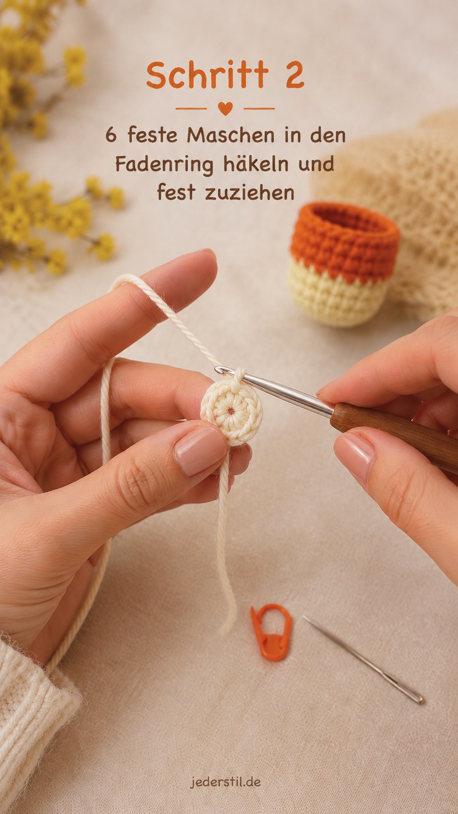 Sechs feste Maschen werden fest in den Fadenring gehäkelt und zugezogen für die Basis des Amigurumi