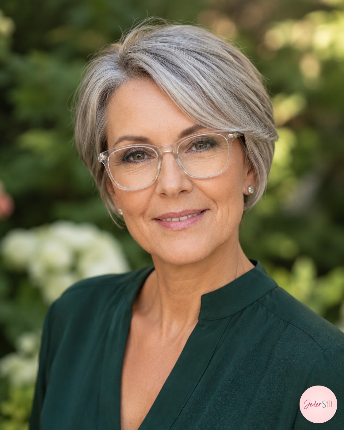 Frisuren mit Brille ab 50: glatter grauer Pixie-Bob mit großer transparenter Brille