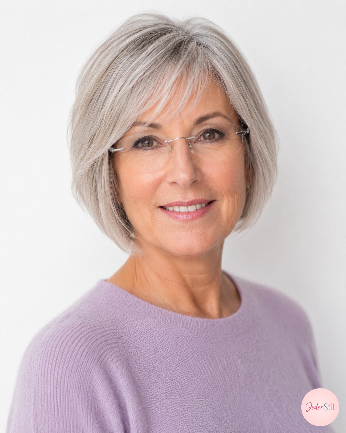 Frisuren mit Brille ab 50: kurzer Silber-Bob mit Fransen-Pony und randloser Brille