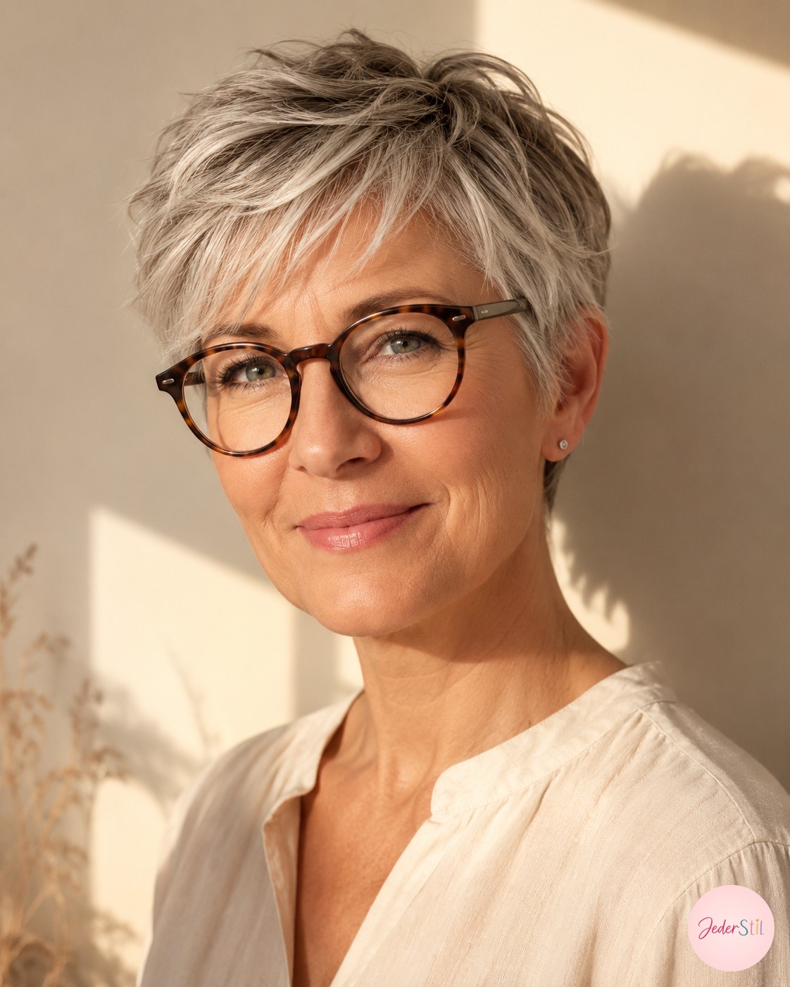 Frisuren mit Brille ab 50: silberner texturierter Pixie mit runder Hornbrille