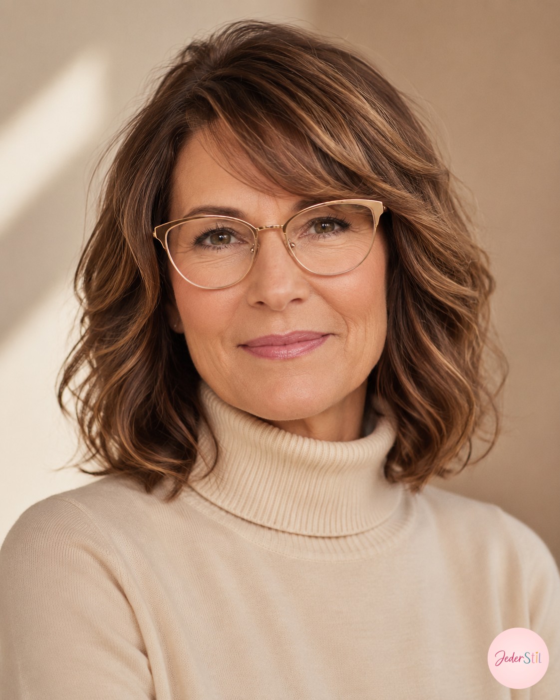 Frisuren mit Brille ab 50: wellige Chestnut-Haare mit goldener Cat-Eye-Brille