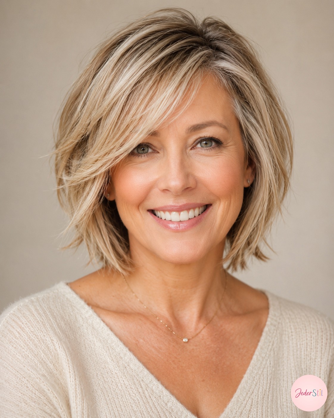 Choppy Bob mit honigblonder Balayage und langem Pony schmälert ein rundes Gesicht ab 50 sichtbar.