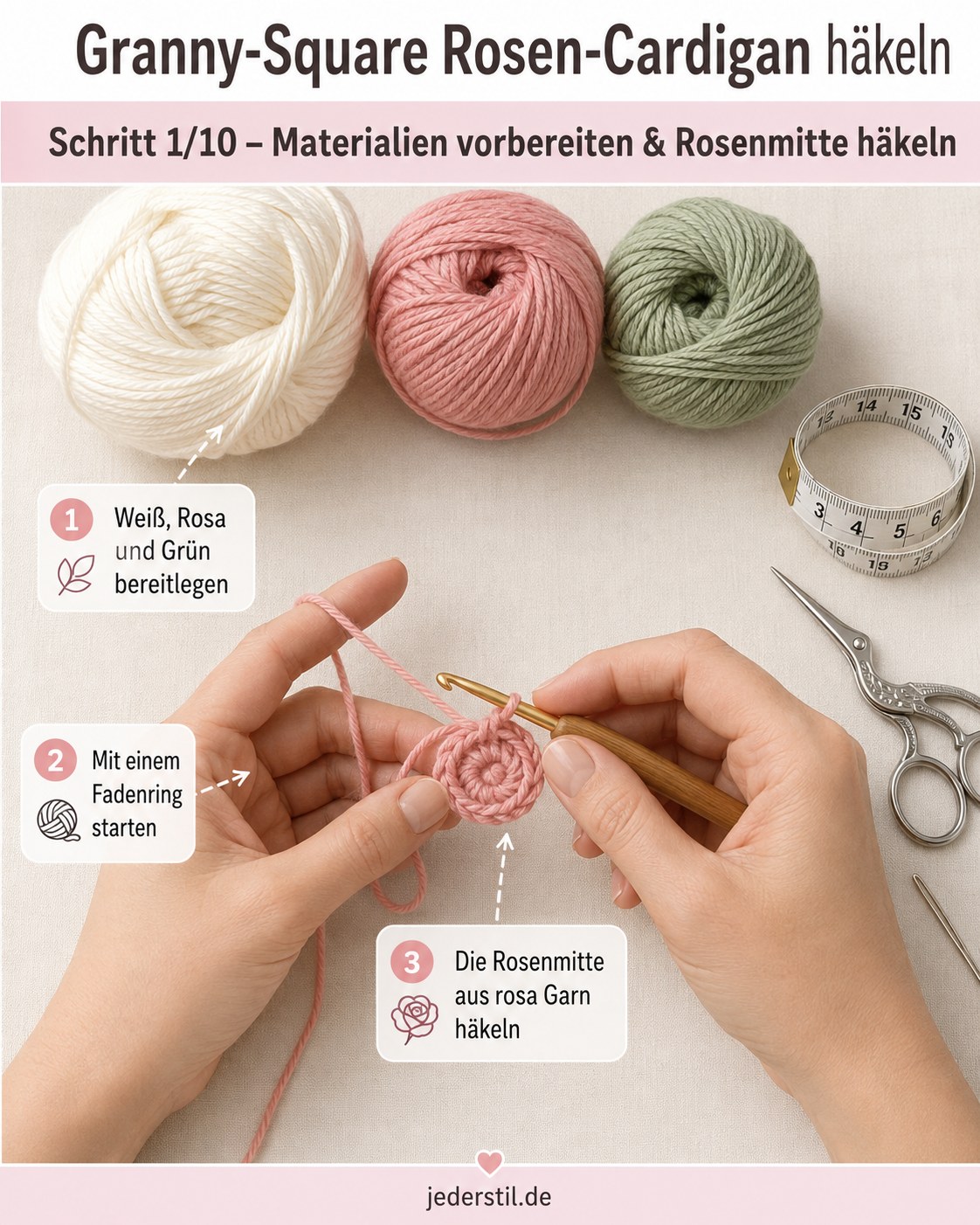 Rosa Garn und Fadenring als Startpunkt beim Granny-Square Rosen-Cardigan häkeln