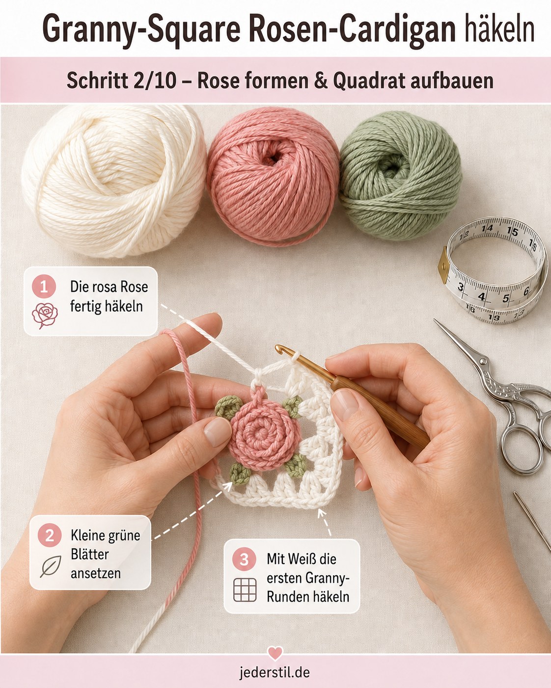 Häkelnadel formt die Blütenblätter, während der Rosen-Cardigan Granny wächst