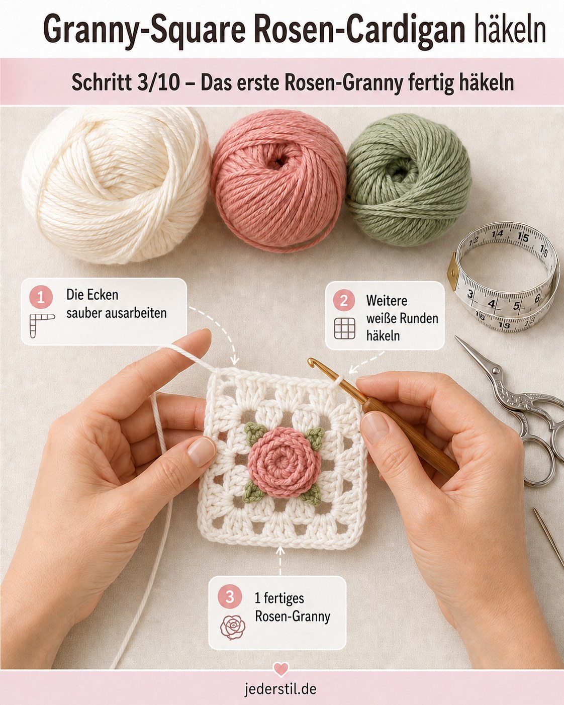Fertiges erstes Rosen-Granny mit sauberen Ecken für den Rosen-Cardigan