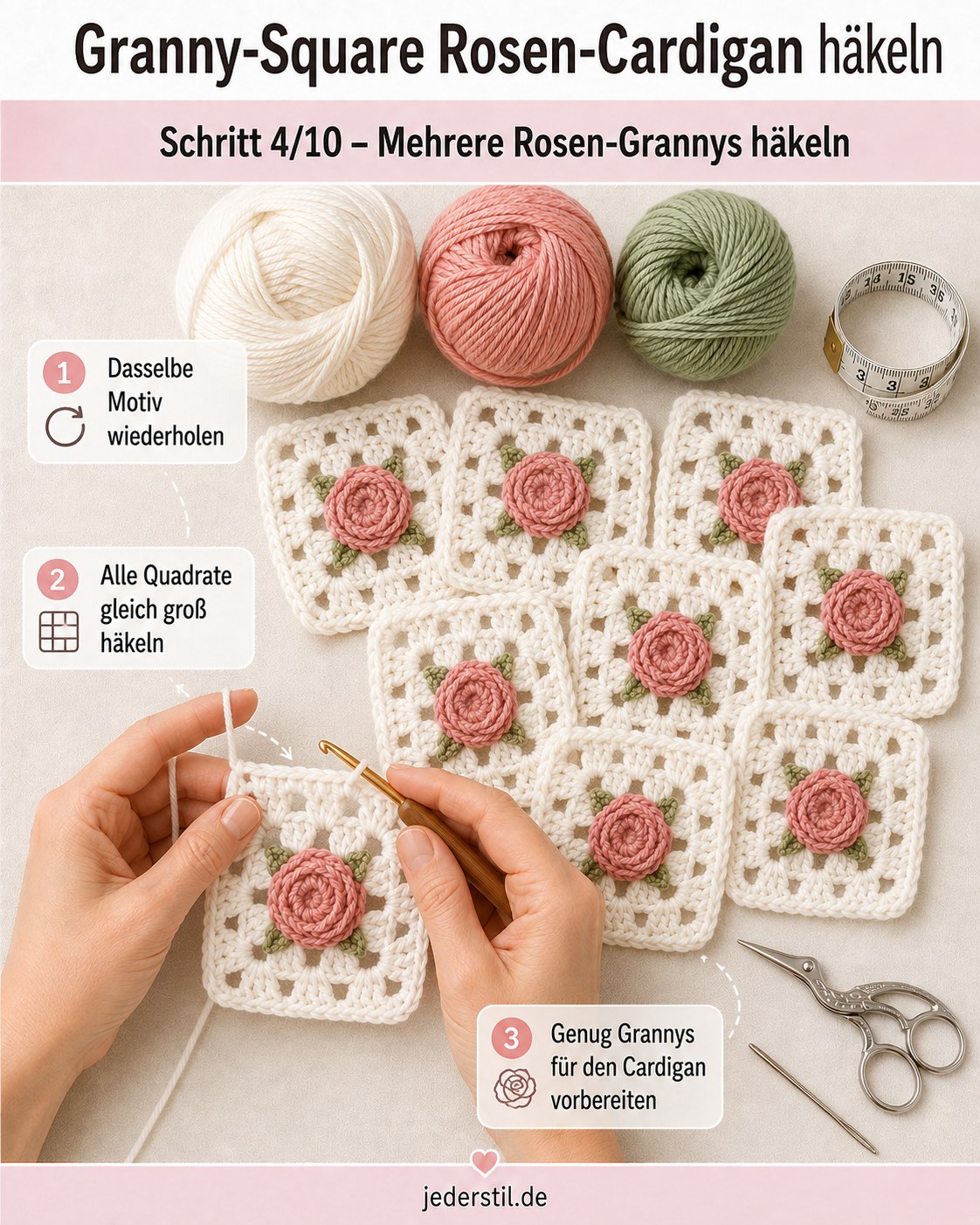 Mehrere gleich große Rosen-Grannys nebeneinander für den Granny-Square Cardigan