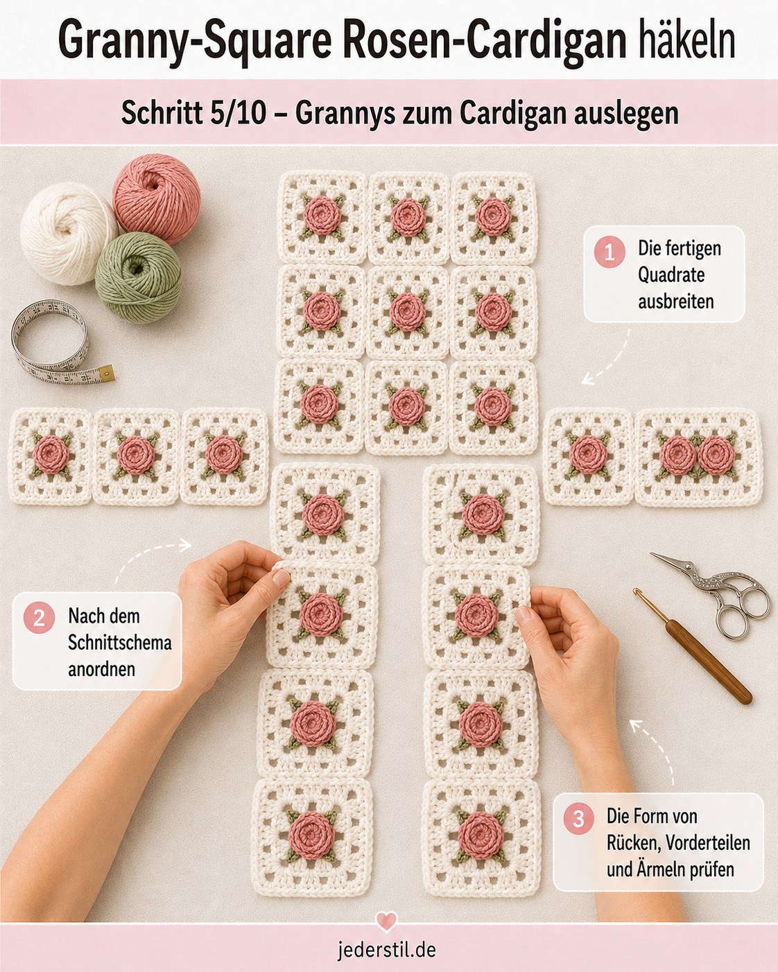 Fertige Rosen-Quadrate nach Schnittschema für den Cardigan ausgelegt