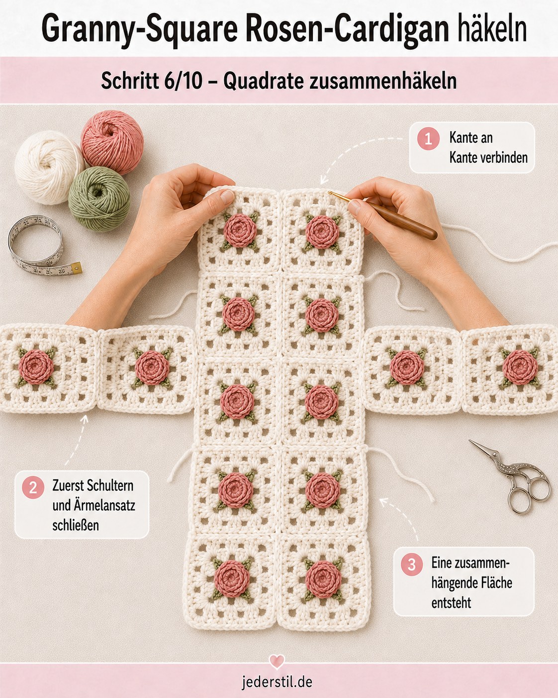 Granny-Quadrate werden mit weißem Garn zu einer Fläche zusammengehäkelt