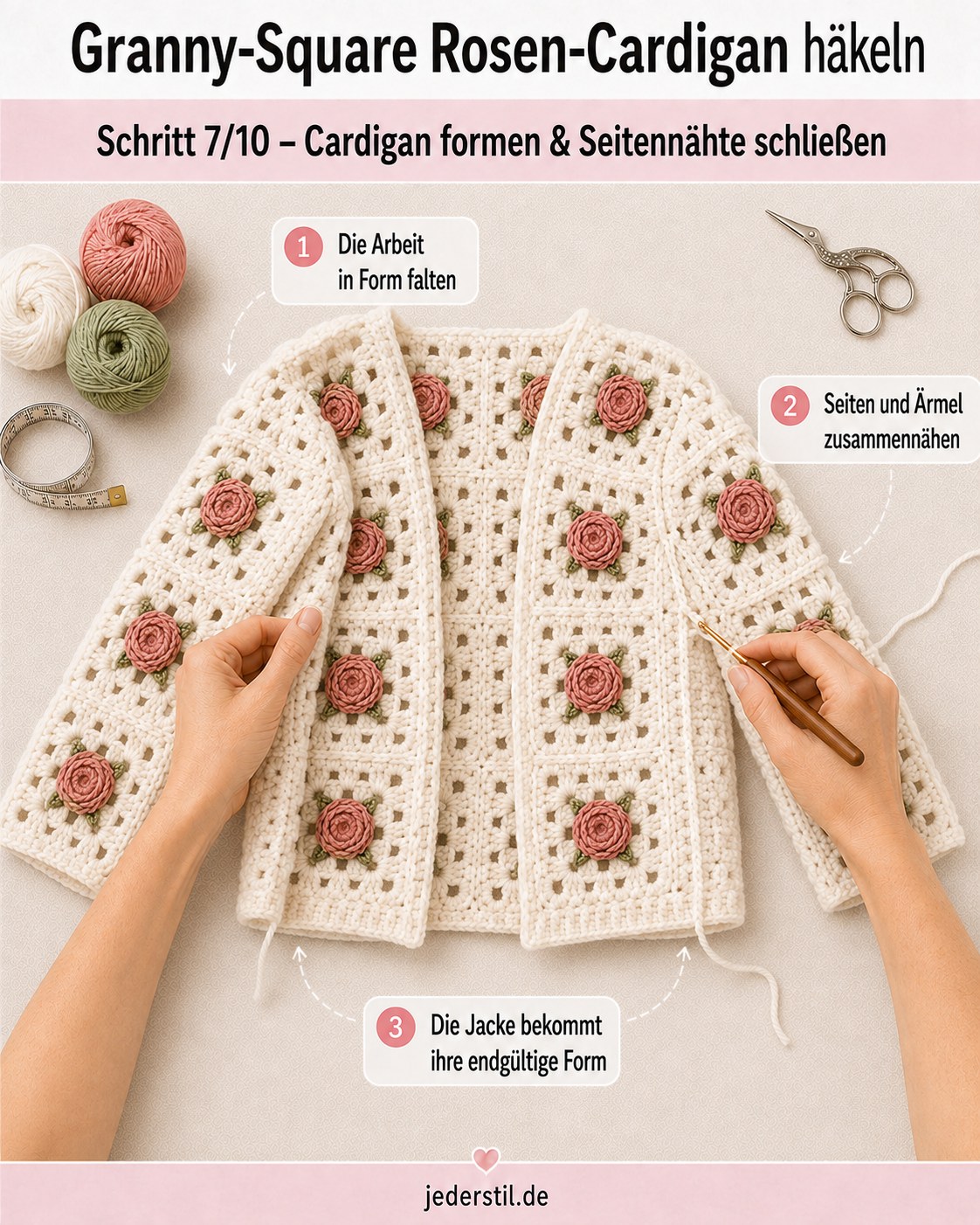Gefaltete Häkelarbeit mit geschlossenen Seitennähten formt den Rosen-Cardigan