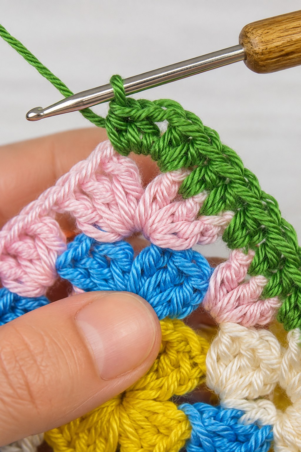 Hand verbindet bunte Granny Squares mit der Häkelnadel als fortgeschrittene Übung für Anfänger.