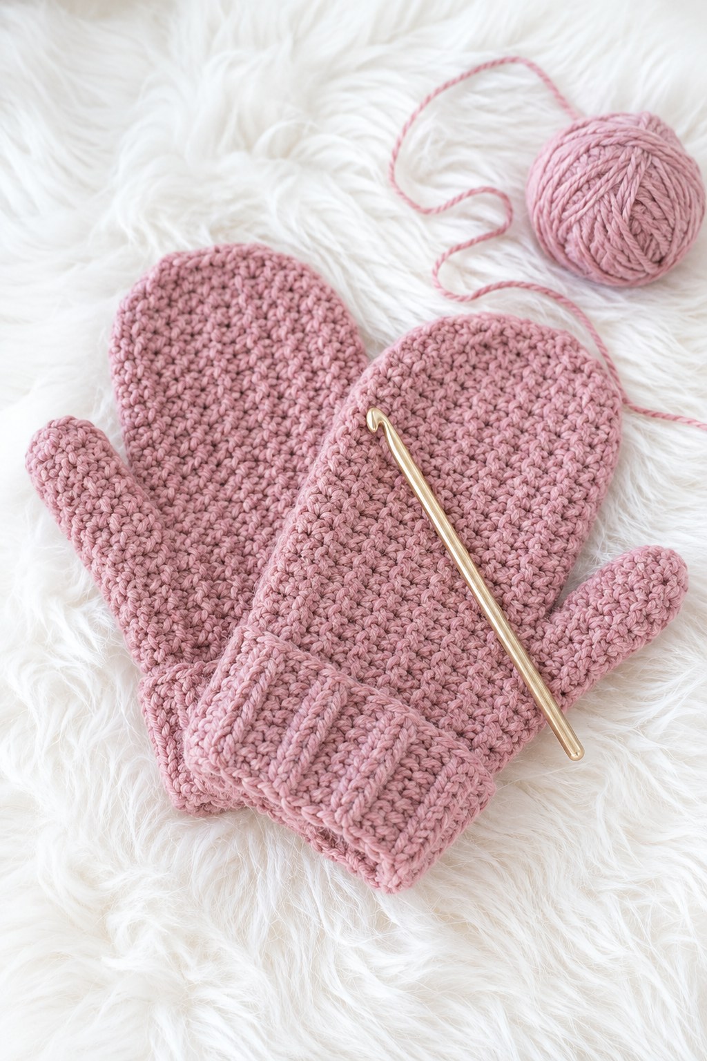 Rosa gehäkelte Fäustlinge mit Häkelnadel und Wollknäuel eignen sich gut zum Häkeln lernen für Anfänger.