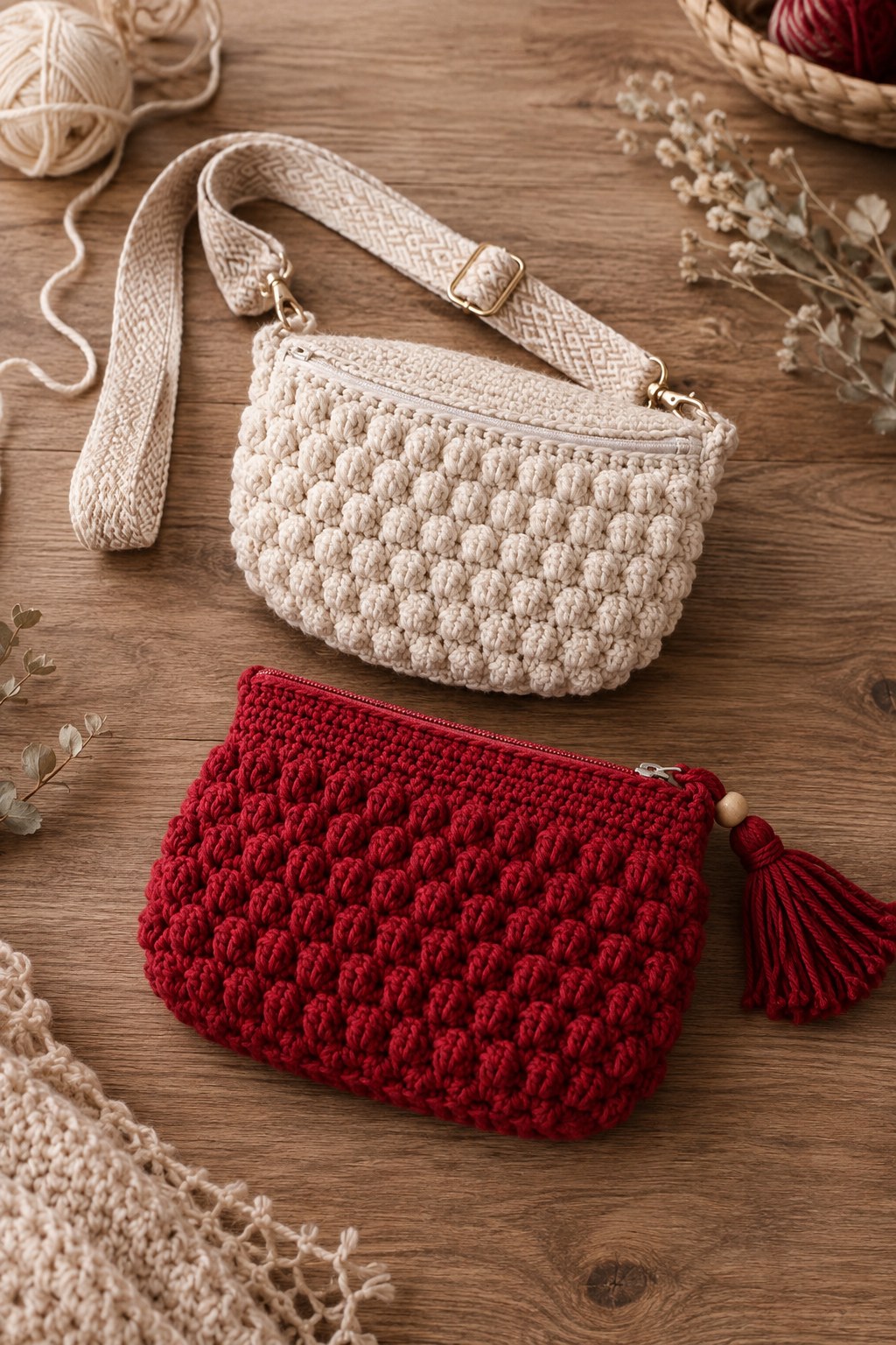 Zwei gehäkelte Bobble-Taschen in Creme und Rot zeigen ein anspruchsvolles Abschlussprojekt zum Häkeln lernen.